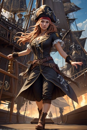 Danielle van de Donk, full body potrait of a photorealistic beautiful woman, (aboard a pirate ship:1.50), intense coloration fantasy, light hair, a stunning realistic photograph 20 years , random colored hair,  (multiple women pirates dancing together:1.3), random color eyes, full body, cover, hyperdetailed painting, luminism, octane render, Bar lighting,  complex, 8k resolution concept art portrait by Martina Fačková and Prywinko Art, Artgerm, WLOP, Alphonse Mucha, Tony Taka, fractal isometrics details, photorealistic face, hypereallistic cover photo awesome full color, hand drawn, bright, gritty, realistic color scheme, davinci, .12k, intricate. hit definition , Beethoven, cinematic,Rough sketch, mix of bold dark lines and loose lines, bold lines, on paper , real life human,3d style