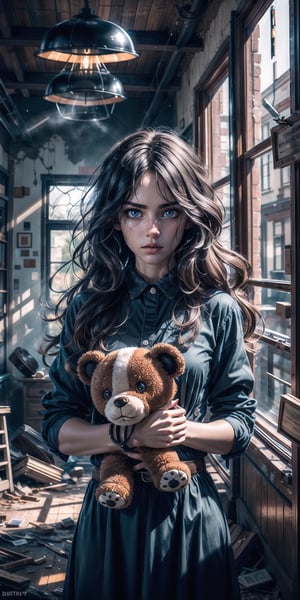 1girl, black long hair, tousled unkempt hair, blue eyes, (cowboy_shot:1.2), face focus, long hair, sidelocks, scared,(terrified:1.1) expression, holding teddy bear, atmospheric lighting, moody, darkness, in an old abandoned museum, transparent glass display cases filled with interesting objects, dusty, post-apocalypse, cobwebs, superb, beautiful 8k wallpaper, extremely detailed, intricate, 