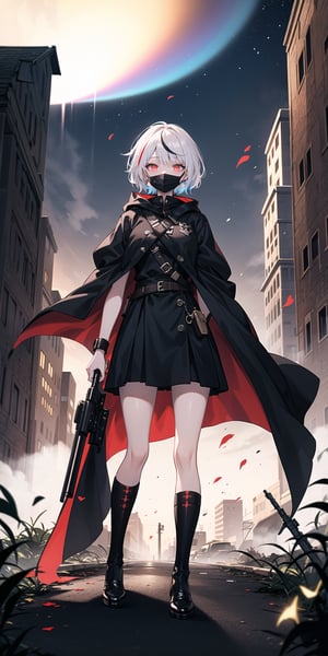 Masterpiece, high quality, jacket, white hair, a girl is in a deserted town where the war, white hair, short-hair, glow_in_the_dark, glowing eyes, 1girl, jewelry, solo BREAK, ((multicolored hair)), modern clothing, weapon, rainbow_hair,  war, face_mask, cloak, projectile_weapon, night, fog, destroyed city, 