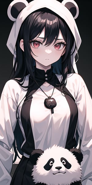 Anime girl with black hair and red eyes in black and white photo, portrait Gapmoe Yandere Grimdark, with panda pendant, panda element, anime style 4 K, Akane Owari Danganronp, (anime girl), Gapmoe Yandere Grimdark, anime visual of a cute girl, 1 7 years old - anime gothic girl, anime moe art style, badass anime 8 K