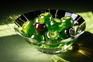 green cherries from pure translucent jell-o with long stems in an antique cut crystal bowl, A hyper-realistic 64k digital rendering, ultra fine detail, saturated colors, high contrast, 64k