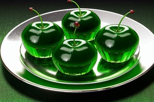 green translucent jell-o cherries with long stems on a silver plate, A hyper-realistic 64k digital rendering, ultra fine detail, saturated colors, high contrast, 64k