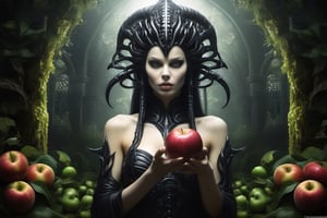 h.g.giger style cunning eve holding a poisonous apple in a mystical garden whilst hiding a knife behind her back, A hyper-realistic 64k digital rendering,, ultra fine detail, saturated colors, fisheye, chiaroscuro effect, high contrast, 64k,more detail XL