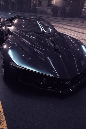 batman style car in gotham city by night,, appearence resembling a skull, A hyper-realistic 64k digital rendering, ultra fine detail, saturated colors, fisheye, chiaroscuro effect, high contrast, 64k, car,c_car,Concept Cars,chrometech