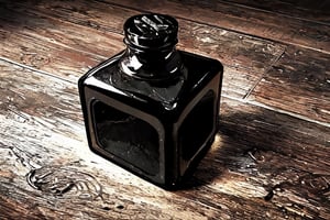 inkblot from a fallen ink bottle on a wooden table, A hyper-realistic 64k digital rendering, ultra fine detail, high contrast, 64k,More Detail