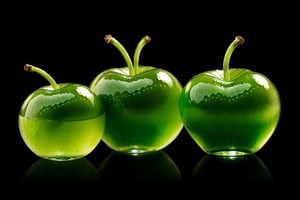 green cherries from pure jell-o with long stems, A hyper-realistic 64k digital rendering, ultra fine detail, saturated colors, chiaroscuro effect, high contrast, 64k