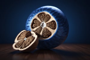 a blue nut in a brainshell in a walnut, A hyper-realistic 64k digital rendering, ultra fine detail, saturated colors, fisheye, chiaroscuro effect, high contrast, 64k