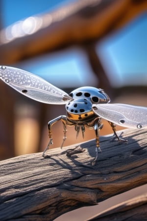multiple mechanical bugs, cyber punk, silver screws, chrome facette eyes, delicate transparent wings, metal proboscis, gold specks, sitting on driftwood, scenic desert view, detailed background, single dew drops, dark blue night sky, (masterpiece, best quality:1.4), (extremely detailed, 8k, uhd), cinematic shot, natural lighting, ultra highres, vibrant rich colors, (beautiful, aesthetic, perfect, delicate, complex:1.2), flowing petals, intricate details, (depth of field, bokeh), award winning photography, detailed background, volumetric fx, photorealism, hyper-detailed