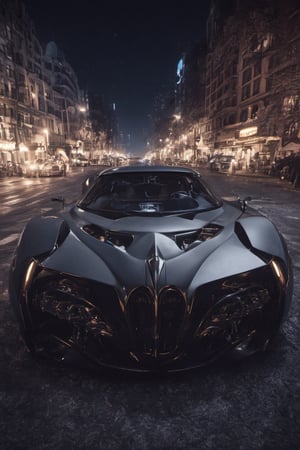 batman style car in gotham city by night,, appearence resembling a skull, A hyper-realistic 64k digital rendering, ultra fine detail, saturated colors, fisheye, chiaroscuro effect, high contrast, 64k, car,c_car,Concept Cars,chrometech,hdsrmr