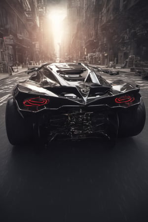 armored batman style car in gotham city by night,, appearence resembling a skull, A hyper-realistic 64k digital rendering, ultra fine detail, saturated colors, fisheye, chiaroscuro effect, high contrast, 64k, car,c_car,Concept Cars,chrometech,hdsrmr