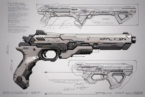 board with a detailed assembly instruction of a futuristic handgun, written descriptions, arrows and sketches