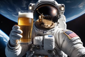 astronaut floating in space near a space station holding a glas of beer, A hyper-realistic 64k digital rendering, ultra fine detail, saturated colors, chiaroscuro effect, high contrast, 64k,more detail XL