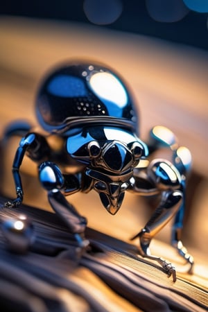 mechanical bug, cyber punk, silver screw heads, chrome facette eyes, delicate transparent wings, metal proboscis, gold specks, sitting on driftwood, scenic desert view, detailed background, single dew drops, dark blue night sky, (masterpiece, best quality:1.4), (extremely detailed, 8k, uhd), cinematic shot, natural lighting, ultra highres, vibrant rich colors, (beautiful, aesthetic, perfect, delicate, complex:1.2), (sharp focus:1.3), flowing petals, intricate details, (depth of field, bokeh), award winning photography, detailed background, volumetric fx, photorealism, hyper-detailed
