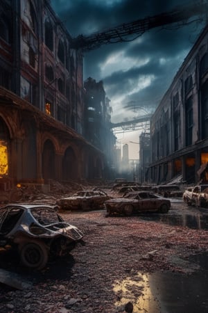 multiple mechanical bugs in the foreground (chrome facette eyes, delicate transparent wings, metal proboscis, gold specks), sitting on ashes in a postapocalyptic city (destruction, ruins, fire, smoke, reinforcement visible), detailed background, single fires, dark blue night sky, (masterpiece, best quality:1.4), (extremely detailed, 8k, uhd), cinematic shot, natural lighting, ultra highres, vibrant rich colors, (beautiful, aesthetic, perfect, delicate, complex:1.2), flowing petals, intricate details, aoerture infinite, award winning photography, detailed background, photorealism, hyper-detailed