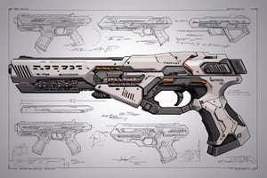 board with an assembly instruction of a futuristic handgun, written details, arrows and sketches