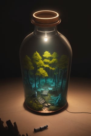 (An intricate forest minitown landscape trapped in a bottle), atmospheric oliva lighting, on the table, 4k UHD, dark vibes, hyper detailed, vibrant colours, epic composition, octane render, sharp focus, high resolution isometric