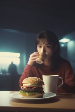 RAW photo, burger, coffee, foodphoto, dslr, soft lighting, high quality, film grain, Fujifilm XT,Movie Still