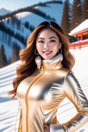 A charming chinese woman poses for a picture,Beyonce Beautiful detailed face, Curvy body, nice breasts, long hair, Winter sports outfit, outside in the wilderness, in heavy snowfall. beautiful winter landscape, sunrise, sexy smile, golden outfit, sexy pose, 