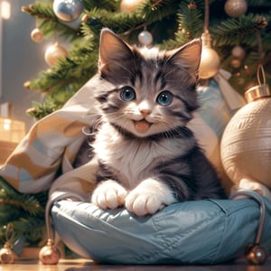 (masterpiece), (detailed eyes), (high detailed),Winter style, cute kitten looking up and then smiling, in front of a christmas tree, warm cozy atmosphere, pixiv, fun, depth of field,illumination background,reflection, inside sparkling,hologram, cute, pixar, glen keane, marc simonetti & yoji shinkawa & wlop, beautiful, uplifting and heartwarming, contest winner