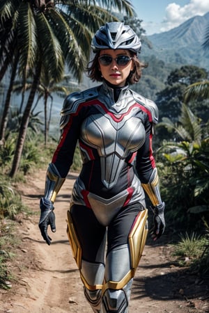 nanosuit armor from crysis game, big armor, silver  and gold suit, tropical forest, an explosion in the background, 1girl, 4k, hi-res, hdr, short hair, 30-year-old matured woman, no weapon, whole body, big sunglasses, golden  helmet, watching viewers, serious expressions, blue eyes, no wrinkles on armor, bandana, slight commando paint on cheeks, bold stance, running