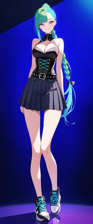 1girl, solo, full body, standing, tall, tight, front view, masterpiece, very aesthetic, very long braided ponytail, blushing, happy face, corset, breasts, cleavage cutout, asymmetrical bangs, gradient blue eyes, aquamarine hair, breasts, bare shoulders, pleated skirt, punk belt, sneakers, thigh gap, green glitter inner hair, anime black line, txznmec, m3, 