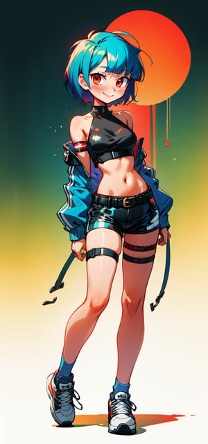 1girl, full body, standing, tall, tight, front view, masterpiece, very aesthetic, 4k, alone, short hair, blushing, very happy face, :), crop top, diagonal bangs, gradient red eyes, blue hair, top medium breasts, bare shoulders, navel, sexy waist, black micro shorts, punk belt, sneakers, thigh gap, thigh strap (only on right leg, loose), latex clothes, Chromaspots