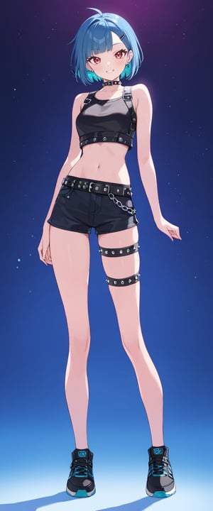 1girl, solo, full body, standing, tall, masterpiece, best quality, very aesthetic, short hair, happy face, crop top, diagonal bangs, red eyes, blue hair, medium breasts, black microshorts, punk belt, sneakers, thigh strap (only on right leg, loose), aqua glitter inner hair, anime black line