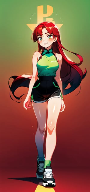 1girl, full body, standing, tall, tight, front view, masterpiece, very aesthetic, 8K, alone, very long hair, blushing, happy face, pink qipao, swept bangs, gradient green eyes, red hair, breasts, bare shoulders, black shorts, sideboobs, sneakers, bare legs, thigh gap, 