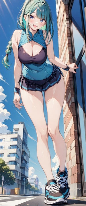 1girl, solo, 25yo, long hair, breasts, looking at viewer, blush, smile, bangs, blue eyes, microskirt, large breasts, aqua corset, cleavage, bare shoulders, long braided ponytail, open mouth, aquamarine hair, standing, full body, braid, pleated skirt, sleeveless, sport shoes, day, punk belt, hand up, blue sky, clothing cutout, bare legs, single braid, cleavage cutout, building, sneakers, black belt, wristband, green inner hair, tall, masterpiece, best quality, very aesthetic, absurdres, one character, single view, no duplicates, Visual_Illustration, txznf