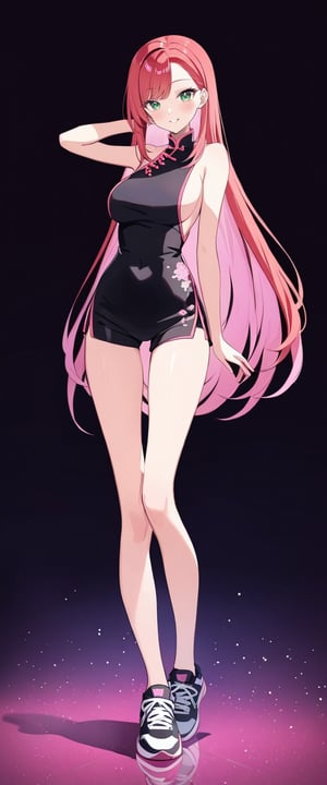 1girl, solo, full body, standing, side pose, tall, masterpiece, very aesthetic, very long hair, blushing, happy face, pink qipao, swept bangs, gradient green eyes, red hair, top breasts, bare shoulders, black shorts, sideboobs, sneakers, thigh gap, pink glitter inner hair, anime black line, txznmec, m3, 