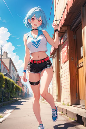 1girl, solo, 25yo, breasts, looking at viewer, blush, smile, short hair, open mouth, diagonal bangs, cropped shirt, red eyes, navel, bare shoulders, medium breasts, blue hair, standing, full body, thighs, outdoors, sky, sport shoes, shorts, sleeveless, choker, day, midriff, punk belt, cloud, hand up, blue sky, crop top,microshorts, bare legs, thigh strap (only on right leg, loose), black choker, black shorts, standing on one leg, building, sneakers, wristband, blue glitter inner hair, tall, masterpiece, best quality, very aesthetic, absurdres, one character, single view, no duplicates