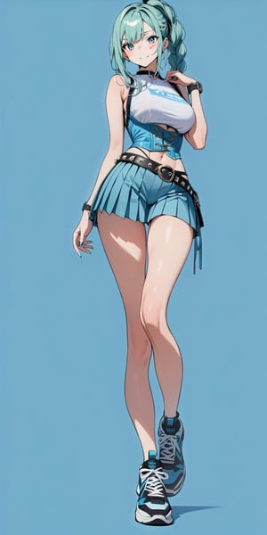 1girl, very tall, thin, masterpiece, best quality, very aesthetic, absurdres, long hair, braided ponytail, looking at viewer, blush, smile, large breasts, aqua corset, asymmetric bangs, blue eye, standing, (full body), thighs, aqua hair, sleeveless, long legs, pleated skirt, sneakers, thigh gap, punk belt, white background, empty background,