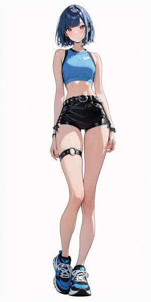 1girl, very tall, thin, masterpiece, best quality, very aesthetic, absurdres, short hair, looking at viewer, blush, smile, medium breasts, tight sky blue  crop top, diagonal bangs, bare shoulders, red gradient eyes, standing, (full body), deep blue hair, sleeveless, bare legs, black short shorts, sneakers, thigh strap (only on right leg), thigh gap, punk belt, white background, empty background,