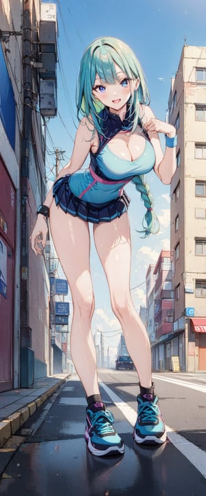 1girl, solo, 25yo, long hair, breasts, looking at viewer, blush, smile, bangs, blue eyes, microskirt, large breasts, aqua corset, cleavage, bare shoulders, long braided ponytail, open mouth, aquamarine hair, standing, full body, braid, pleated skirt, sleeveless, sport shoes, day, punk belt, hand up, blue sky, clothing cutout, bare legs, single braid, cleavage cutout, building, sneakers, black belt, wristband, green inner hair, tall, masterpiece, best quality, very aesthetic, absurdres, one character, single view, no duplicates, Visual_Illustration, txznf