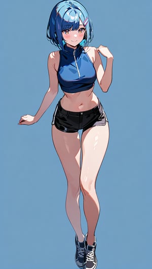 masterpiece, best quality, aesthetic, 1girl, alone, short hair, full body looking at viewer, standing, gradient red eyes, sleevesless, diagonal bangs, medium breasts, blue hair, hair clip, thighs, crop top, sky blue crop top, stomach, sexy legs, bare legs, short shorts, long legs, showing elegant curves and elegant shapes, black shorts, above view, simple background, blank background, sneakers,