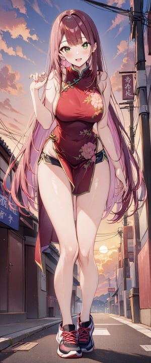 1girl, solo, 25yo, long hair, breasts, looking at viewer, blush, smile, bangs, large breasts, short qipao, bare shoulders, very long hair, open mouth, green eyes, standing, full body, thighs, red hair, outdoors, sky, sport shoes, shorts, sleeveless, cloud, hand up, street, off shoulder, microshorts, bare legs, sleeveless shirt, sleeveless dress, chinese clothes, black shorts, thigh gap, pink dress, floral print, sideboobs, sneakers, china dress, pelvic curtain, sunset, pink inner hair, tall, masterpiece, best quality, very aesthetic, absurdres, one character, single view, no duplicates, Visual_Illustration, txznf