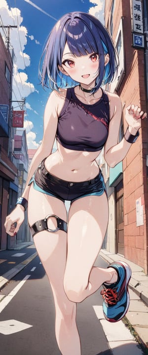 1girl, solo, 25yo, breasts, looking at viewer, blush, smile, short hair, open mouth, diagonal bangs, cropped shirt, red eyes, navel, bare shoulders, medium breasts, blue hair, standing, full body, thighs, outdoors, sky, sport shoes, shorts, sleeveless, choker, day, midriff, punk belt, cloud, hand up, blue sky, crop top,microshorts, bare legs, thigh strap (only on right leg, loose), black choker, black shorts, standing on one leg, building, sneakers, wristband, blue inner hair, tall, masterpiece, best quality, very aesthetic, absurdres, one character, single view, no duplicates, Visual_Illustration, txznf