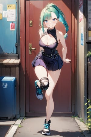 1girl, solo, full body, standing, tall, tight, front view, masterpiece, very aesthetic, very long braided ponytail, blushing, happy face, corset, breasts, cleavage cutout, asymmetrical bangs, gradient blue eyes, aquamarine hair, breasts, bare shoulders, pleated skirt, punk belt, sneakers, thigh gap, sports knee pad (left leg only), green inner hair, Visual_Illustration, 