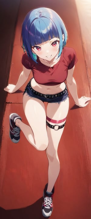 1girl, solo, full body, standing, tall, masterpiece, best quality, very aesthetic, short hair, happy face, crop top, diagonal bangs, red eyes, blue hair, medium breasts, black microshorts, punk belt, sneakers, thigh strap (only on right leg, loose), aqua inner hair, ANIME GIRL, Visual_Illustration, COMIC GIRL