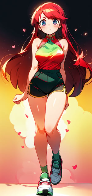 1girl, full body, standing, tall, tight, front view, masterpiece, very aesthetic, 8K, alone, very long hair, blushing, happy face, pink qipao, swept bangs, gradient green eyes, red hair, breasts, bare shoulders, black shorts, sideboobs, sneakers, bare legs, thigh gap, dramaric pose