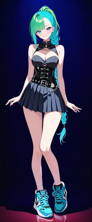 1girl, solo, full body, standing, tall, tight, front view, masterpiece, very aesthetic, very long braided ponytail, blushing, happy face, corset, breasts, cleavage cutout, asymmetrical bangs, gradient blue eyes, aquamarine hair, breasts, bare shoulders, pleated skirt, punk belt, sneakers, thigh gap, green glitter inner hair, cross-legged pose, anime black line, txznmec, m3, 