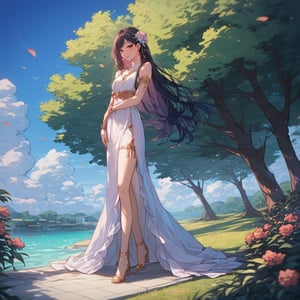 1girl, full body, standing, slim, long hair, masterpiece, best quality, sexy girl, background a beautiful outdoor park, sunny sky and beautiful clouds, high definition, vivid colors,score_9,score_8_up,score_7_up,source_anime,BREAK,Visual_Illustration,txznf