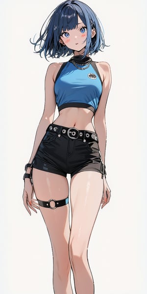 1girl, very tall, thin, masterpiece, aesthetic, short hair, looking at viewer, blush, :D, medium breasts, tight sky blue crop top, diagonal bangs, bare shoulders, red gradient eyes, standing, (full body), deep blue hair, sleeveless, bare legs, black short shorts, sneakers, thigh strap (only on right leg), thigh gap, punk belt, white background, empty background,