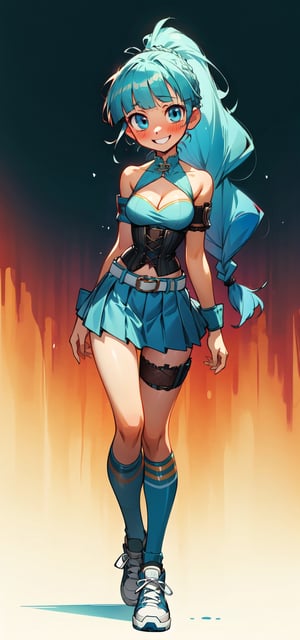 1girl, full body, standing, tall, tight, front view, masterpiece, very aesthetic, 8k, alone, very long braided ponytail, blushing, very happy face, :), corset, breasts, cleavage cutout, asymmetrical bangs, gradient blue eyes, aquamarine hair, breasts, bare shoulders, pleated skirt, punk belt, sneakers, thigh gap, sports knee pad (left leg only), dramatic pose