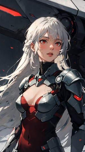 photorealistic:1.37, masterpiece, best quality, raw photo, absurdres, uhd, 1girl, cleavage, long hair, white hair, red eyes, seductive, erotic pose, looking at side, intricate detail, detailed background, detailed skin, pore, highres, hdr, mech, armor, cybernetic, female_solo, futuristic background, night