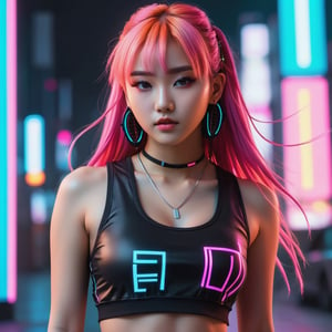 Asiátic  kpop  girl, white palid skin, with pink  long hair and brown eyes, full body, streaming montage with neon cyberpunk and lofi colours, thick brushstrokes. She wears a black tank top,  intrgate and couriusus attitude. make_3d , streaming montage with neon cyberpunk and tlofi colours, thick brushstrokes.  