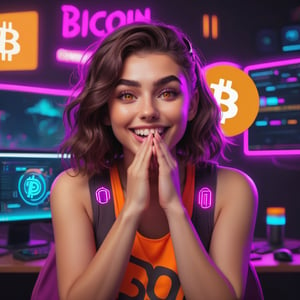  Gamer girl with wavy brown hair and brown eyes, surprised face, ((open mouth smile)), ((hands on cheeks)), streaming montage with neon cyberpunk and lofi colours, thick strokes. He wears a magenta tank top, (big bitcoin logo in orange), innocent attitude. make_3d , streaming montage with neon cyberpunk and lofi colours, thick brushstrokes.  