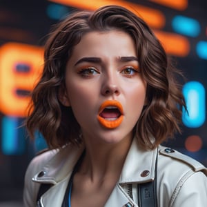  Gamer girl with wavy brown hair and brown eyes, exaggeratedly worried face, ((mouth open)), close-up, streaming montage with neon cyberpunk and lofi colours. She wears a short, tight white leather jacket, blue tank top, bitcoin logo in orange on the chest, make_3d , 