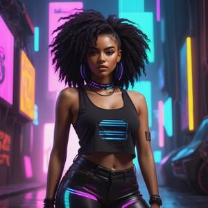 Afroamerican  girl, with black voluminous   hair and brown eyes, full body, streaming montage with neon cyberpunk and lofi colours, thick brushstrokes. She wears a black tank top,  intrgate and couriusus attitude. make_3d , streaming montage with neon cyberpunk and tlofi colours, thick brushstrokes.  