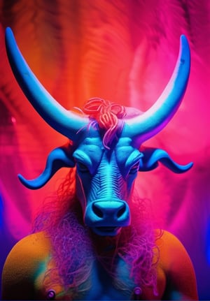 In a surreal display of colors and emotions, a peculiar zenithal minotaur stands out against a vibrant backdrop. This mesmerizing photograph captures the creature in its prime, illuminated by a celestial light from directly above. The minotaur's body is adorned with a myriad of pop colors, blending electric blues with neon oranges and whimsical pinks. Its intimidating presence contrasts with the whimsy of its appearance, creating a captivating visual juxtaposition. This high-quality photograph invites viewers to explore the enigmatic world where fantastical creatures roam.

